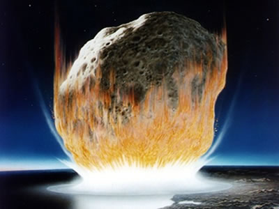 An artist's rendering of the moment of impact of a massive <a
  href="/our_solar_system/meteors/meteors.html&edu=high&dev=1">meteorite</a>
  at the end of the Cretaceous (at the end of the <a
  href="/earth/geology/hist_mesozoic.html&edu=high&dev=1">Mesozoic
  Era</a>). Many
  scientists have concluded for decades that a meteorite four to six kilometers
  in diameter impacted the Earth at this time, resulting in a <a
  href="/earth/past/KTextinction.html&edu=high&dev=1">mass extinction
  of dinosaurs</a> and many other life forms. Recent research suggests that
 perhaps <a
  href="/headline_universe/olpa/chicxulub.html&edu=high&dev=1">massive
  volcanic eruptions</a> may be been responsible for the extinction.<p><small><em>Courtesy of Don Davis, NASA</em></small></p>